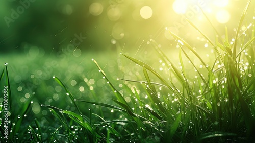 Close-up of fresh green grass with sparkling dew drops and sunlight filtering through, creating a serene morning atmosphere.