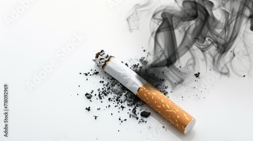 Smoker man put out cigarette close up. People smoke tobacco. Bad toxic habit. Nicotine narcotic addiction. Burned cigarettes ash on white background closeup. Stop quit smoking health care concept. photo