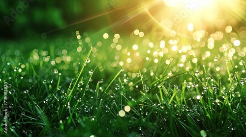 Radiant sunrise piercing through with light reflecting on dewdrops over a field of green grass.