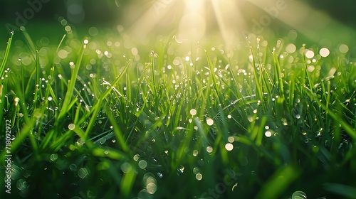 The morning sun glistens through dew-covered grass, highlighting the freshness of a new day.