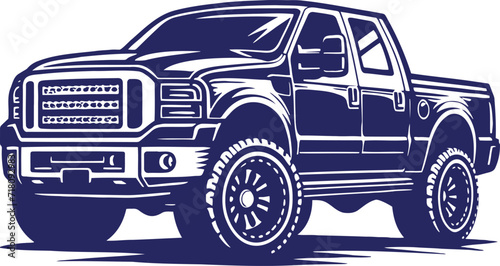 Monochrome vector stencil drawing of a contemporary pickup truck in a half-turn isolated on a white background
