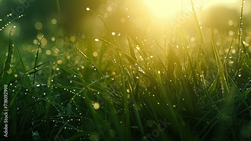 Sunrise illuminates water droplets on the lush green blades of grass, creating a sparkling morning scene.