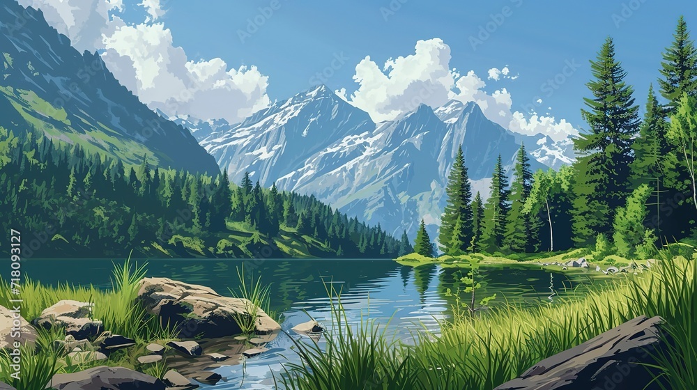 This digital art piece showcases a breathtaking alpine lake with clear waters reflecting the surrounding majestic mountain peaks and lush forests.