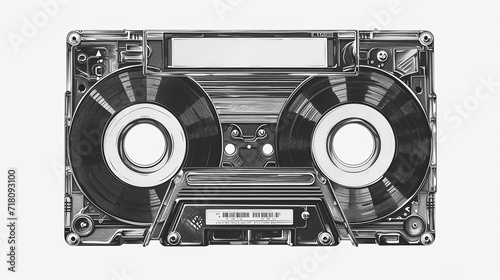 Artistic black and white drawing of a vintage cassette tape, showcasing intricate details and a classic design, isolated on a clean background.