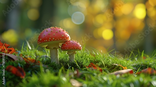 Vibrant red toadstools stand out against the soft green moss and fallen leaves, capturing the magical essence of autumn.