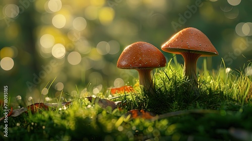 A pair of vibrant mushrooms emerges from the lush moss, bathed in the soft glow of the morning sun.