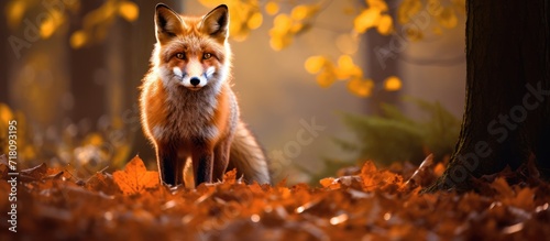 a red fox prowls through the enchanting forest, its fiery coat blending seamlessly with the vibrant autumn leaves. photo
