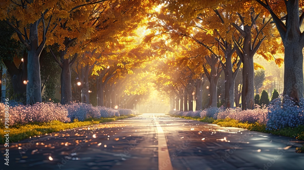 A magical autumn twilight descends on a serene avenue, with golden leaves above and a carpet of flowers below, casting a peaceful and warm atmosphere.