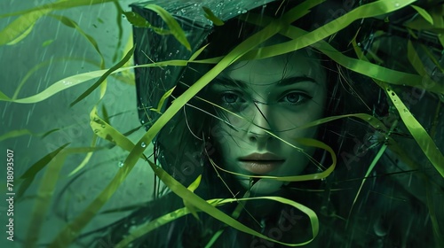 A captivating image of a woman's face partially obscured by wet, vibrant green leaves, invoking a sense of mystery and nature's allure.