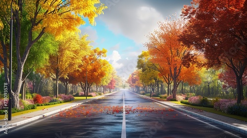 A serene street scene, with radiant autumn leaves in full display, the road flanked by trees in warm seasonal colors under a clear blue sky.