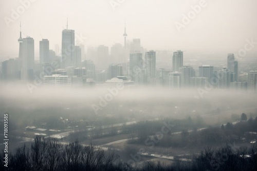 A misty urban landscape with hazy skyscrapers and buildings shining through the fog. Generative AI