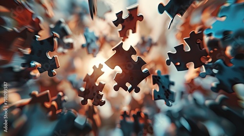 Floating jigsaw puzzle pieces with a dynamic and abstract background convey complexity, problem-solving, and connection. photo