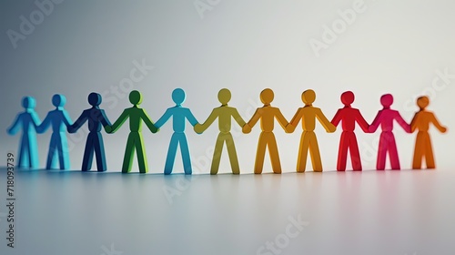 A row of colorful paper cutout figures holding hands  symbolizing unity  diversity  and togetherness on a clean background.