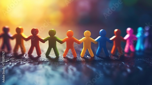 A vibrant display of multicolored paper figures symbolizing diversity and unity, standing hand in hand against a blurred background. photo