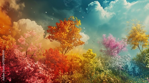 Surreal landscape with trees in vibrant autumn hues under a dynamic sky, evoking a dream-like quality. © Rattanathip