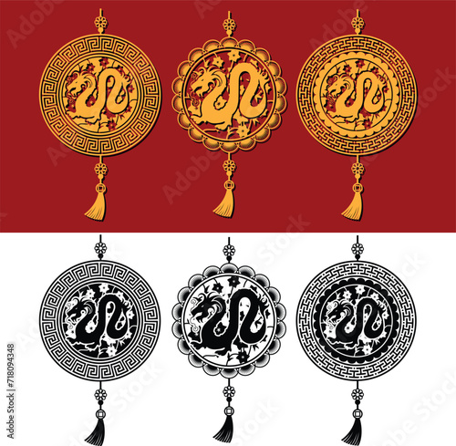 Set of three red Chinese amulets with dragons on a white background. Highly detailed illustration.