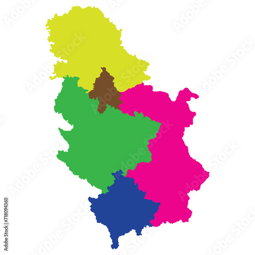 Serbia map. Map of Serbia in five main regions in multicolor