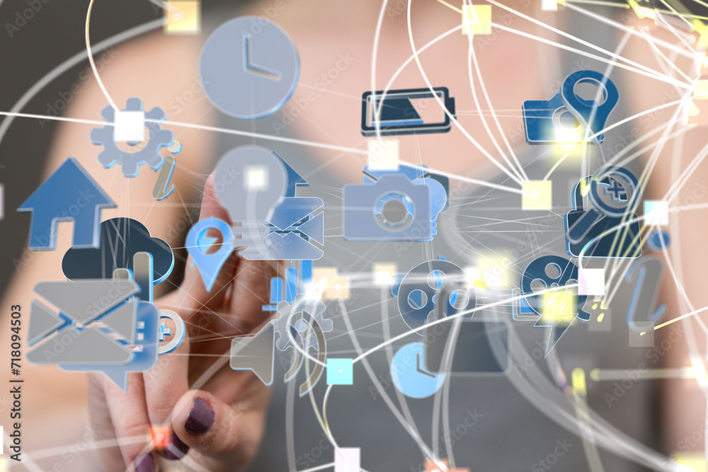 cloud connected to many objects on a virtual screen. cloud connected to many objects on a virtual screen.