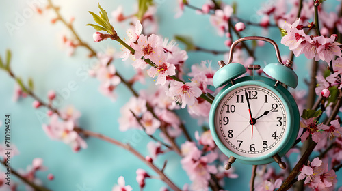 Spring Time Concept with Alarm Clock and Cherry Blossoms