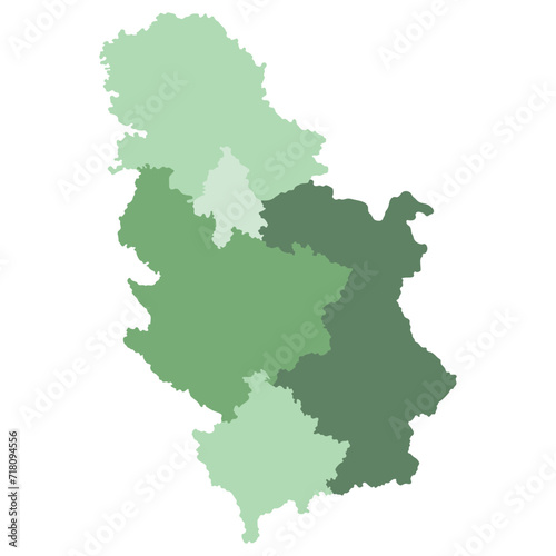 Serbia map. Map of Serbia in five main regions in multicolor
