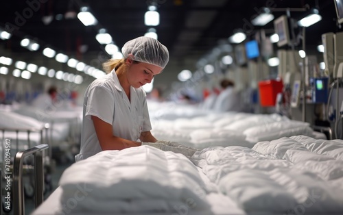 a dedicated housekeeper is efficiently making beds. The beds are functional, with clean white sheets
