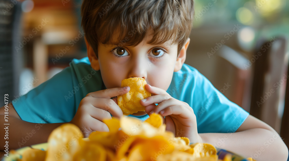 Close-up of Young Boy Eating Potato Chips Snack Time Concept - obrazy, fototapety, plakaty 
