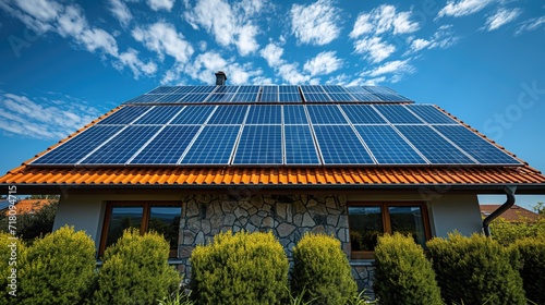 Solar panels installed on the roof of a house with beautiful landscaping.
