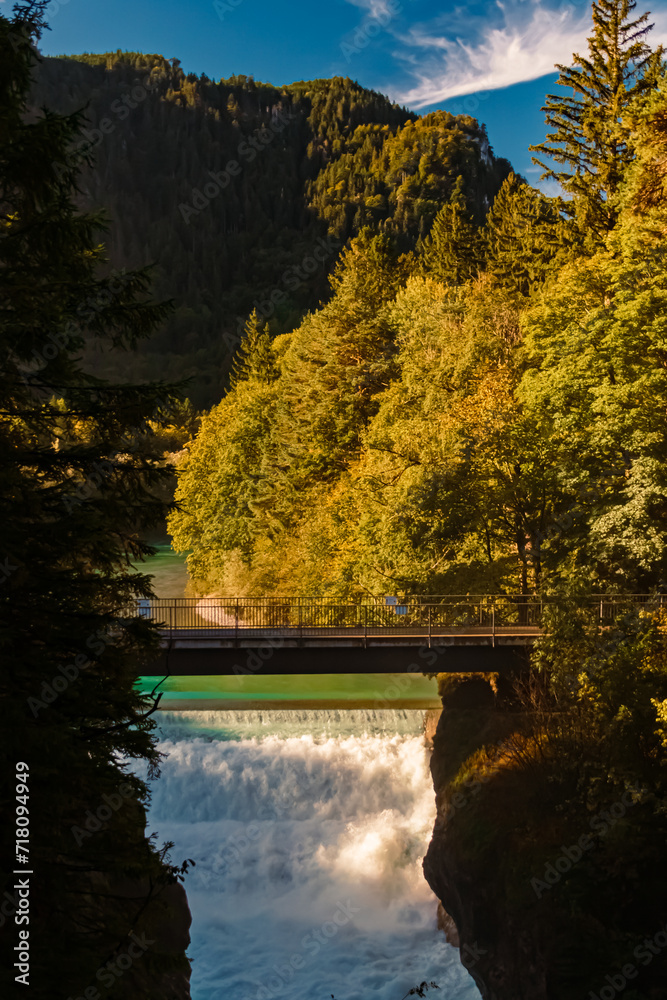 Alpine summer view with the famous Lechfall waterfalls at Fuessen, Bavaria, Germany