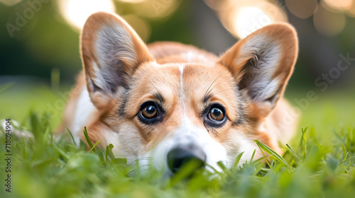 Relaxed Corgi Dog in Nature with Sunlight Bokeh Pet Serenity Concept