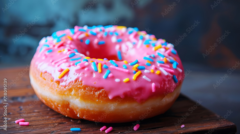 Pink Frosted Donut with Colorful Sprinkles Closeup Pink Frosted Donut with Colorful Sprinkles Closeup