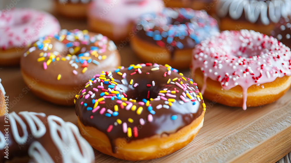Assorted Donuts with Chocolate Frosted, Pink Glazed and Sprinkles on Wooden Tray