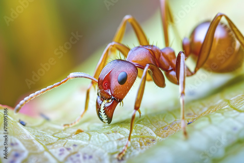 a closeup macro shot of a small tiny red ant on a leaf.
