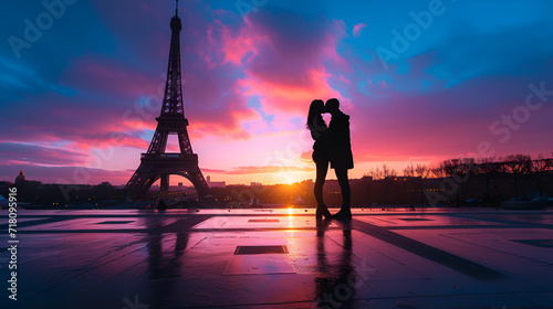 The City Of Love Paris, France - Valentine Day Concept, Couple Travel To Paris, Silhouette Of Lovers Kissing Near Eiffel Tower, Romantic Escape Destination For Valentines Day, Generative Ai © Jaunali