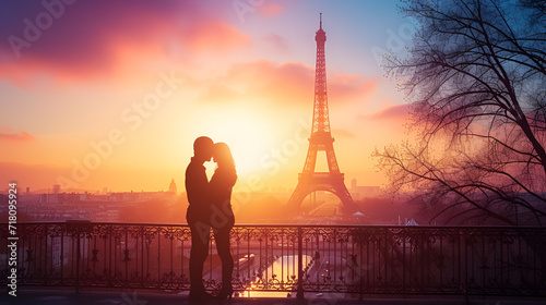 The City Of Love Paris, France - Valentine Day Concept, Couple Travel To Paris, Silhouette Of Lovers Kissing Near Eiffel Tower, Romantic Escape Destination For Valentines Day, Generative Ai