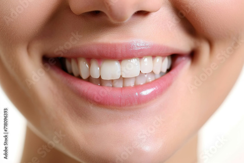 a close up photo of the lower part of a female face. beautiful cute smile with very clean perfect teeth. chin  nose and mouth visible. dental service advertisement. white background.