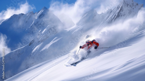 Schnee auf den Bergen und Alpen mit Skifahrer Kaiserwetter Problem Gletscherschmelze und Skitourismus wegen Schneemangel Generative AI