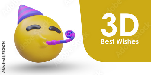 Best wishes concept. Cheerful emoticon in festive hat and with foil blowout, noise maker. Time to have fun. Grand party. Realistic illustration for web design. Messenger icon
