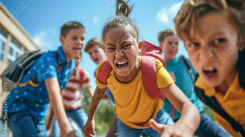 Group of children fighting at school. School bullying photo