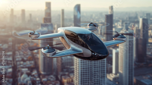 Flugtaxi Drohne am Boden und in der Luft für autonomes nachhaltiges Fliegen in der Zukunft Generative AI photo