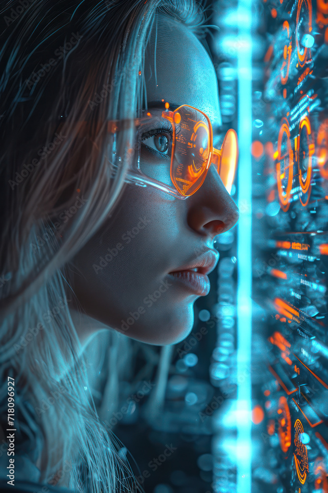 Stylish Caucasian Woman with Futuristic Glasses Posing in Neon-lit City at Night.
