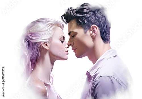 Handsome man hugging his sensual girlfriend. The spouses gently embrace each other. Couple in love. Romantic dance of a guy and a girl. Illustration for cover, card, interior design, decor or print.