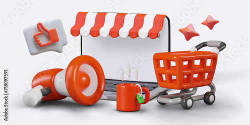 Open laptop, red megaphone, cup with hot tea, shopping cart. Online shopping concept. Poster for modern store. Vector illustration in 3d style with white background
