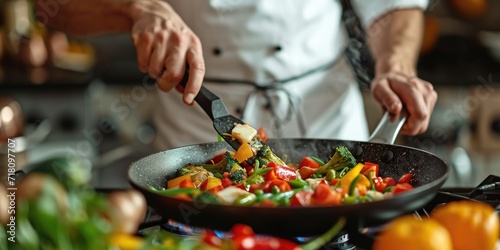 Chef in an apron stirring vegetables in a frying pan photo