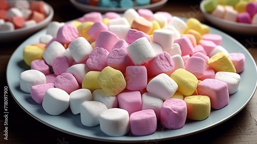 A colorful plate of marshmallows in different shapes and sizes.