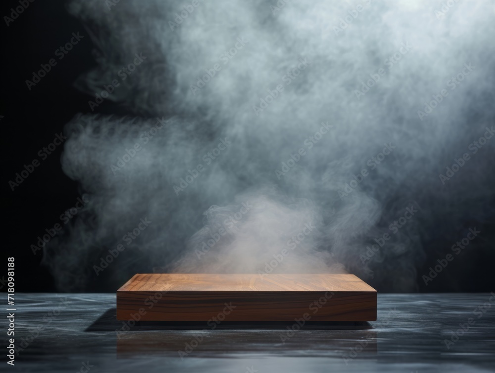 Flat minimalistic product display podium on the floor covered with liquid nitrogen with back lighting on dark background. AI generated photorealistic illustration of a marketing demo stage.