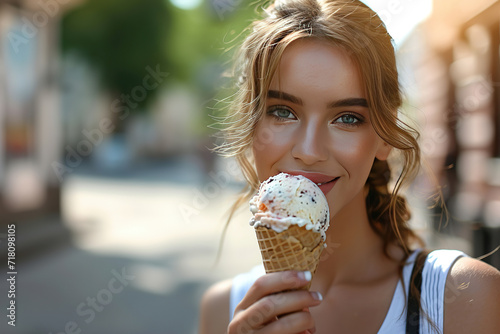 a beautiful young white american model woman holding and eating a gelato ice cream in a cone outside in a city on a sunny summer day. blurred background.