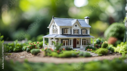 Miniature house model with green garden background. Real estate concept.