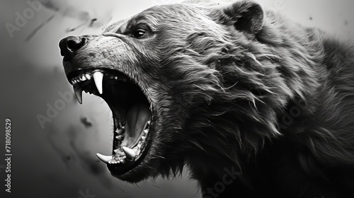 Close-up of an angry bear's face. A toothy grizzly in monochrome style. Animal in the habitat. Illustration for cover, card, postcard, interior design, banner, poster, brochure or presentation. photo