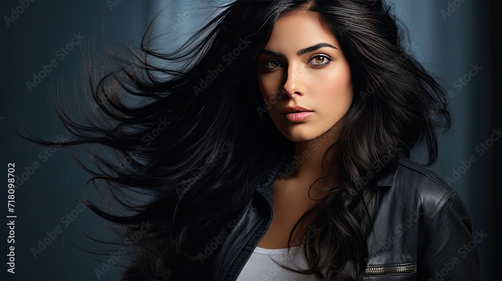 Beautiful female face with powerful silky hair and chic hairstyle. Perfect image of a beautiful brunette woman. Feminine image of natural beauty. Illustration for beauty and fashion magazine. Beautiful female face with powerful silky hair and chic hairstyle. Perfect image of a beautiful brunette woman. Feminine image of natural beauty. Illustration for beauty and fashion magazine.