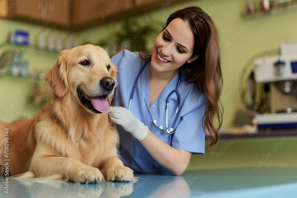 a beautiful female vet nurse doctor examining a cute happy golden retriever dog making medical tests in a veterinary clinic. animal pet health checkup.